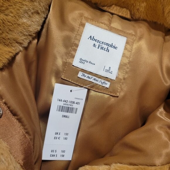 Abercrombie and Fitch the quilted mini faux fur puffer jacket caramel brown sz S - Picture 2 of 5
